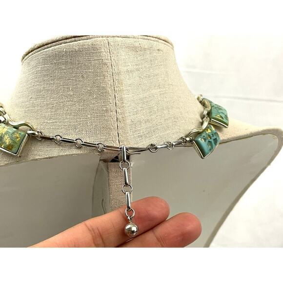 VTG Coro Thermoset Necklace Choker 17" Turquoise & Gold Confetti Silver Tone 50s - Picture 13 of 16